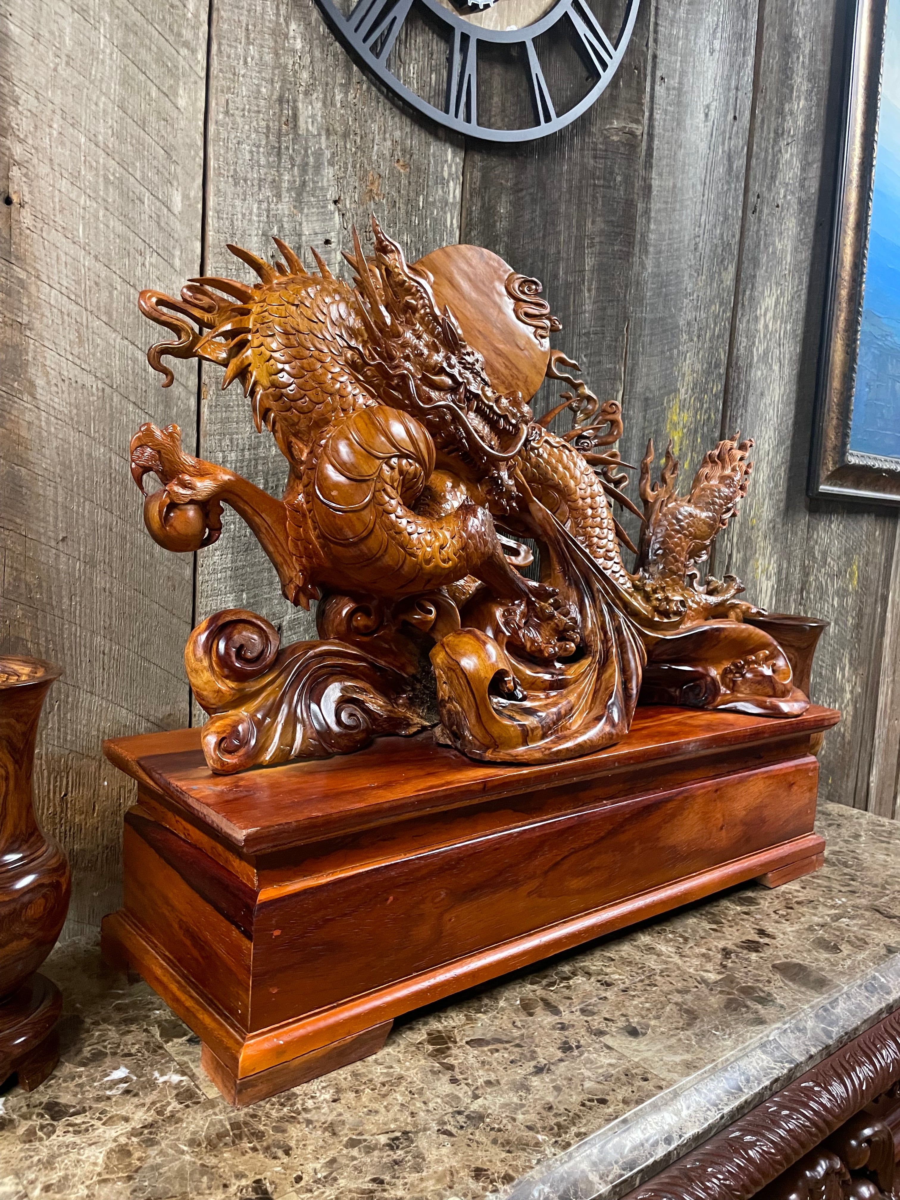 Hand-Carved Vietnamese Rosewood Dragon Sculpture – Gỗ Hương – 34” × 26”